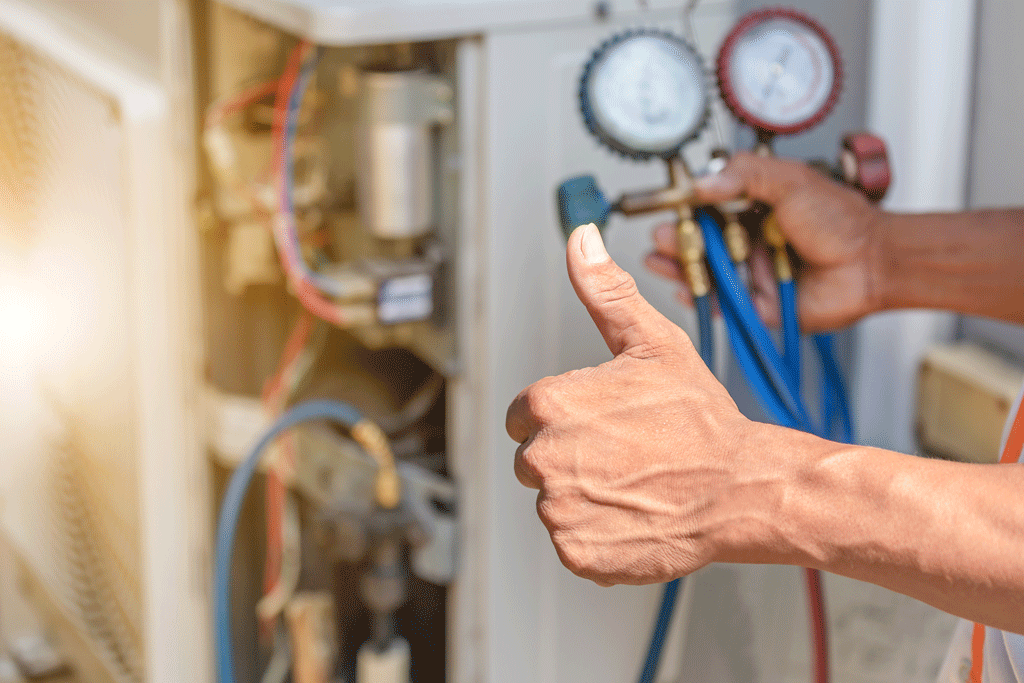 man giving a thumbs up with hvac gauges in other hand | air conditioning repair phoenix az scottsdale az 