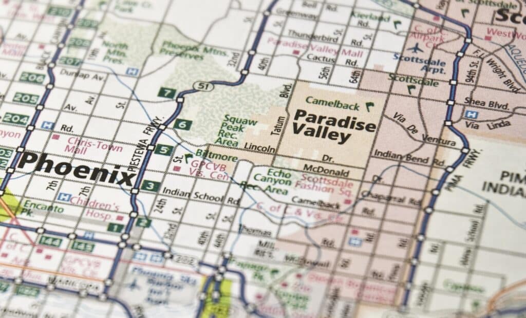 Travel Macro Road Map of Phoenix, Arizona: Where to Find Reliable AC Repair in Paradise Valley.