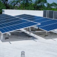 Solar panel on a roof, Outdoor HVAC Units.